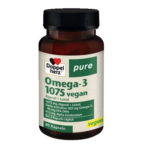 Abbildung der Produktverpackung Doppelherz pure Omega-3 1075 vegan Frontansicht